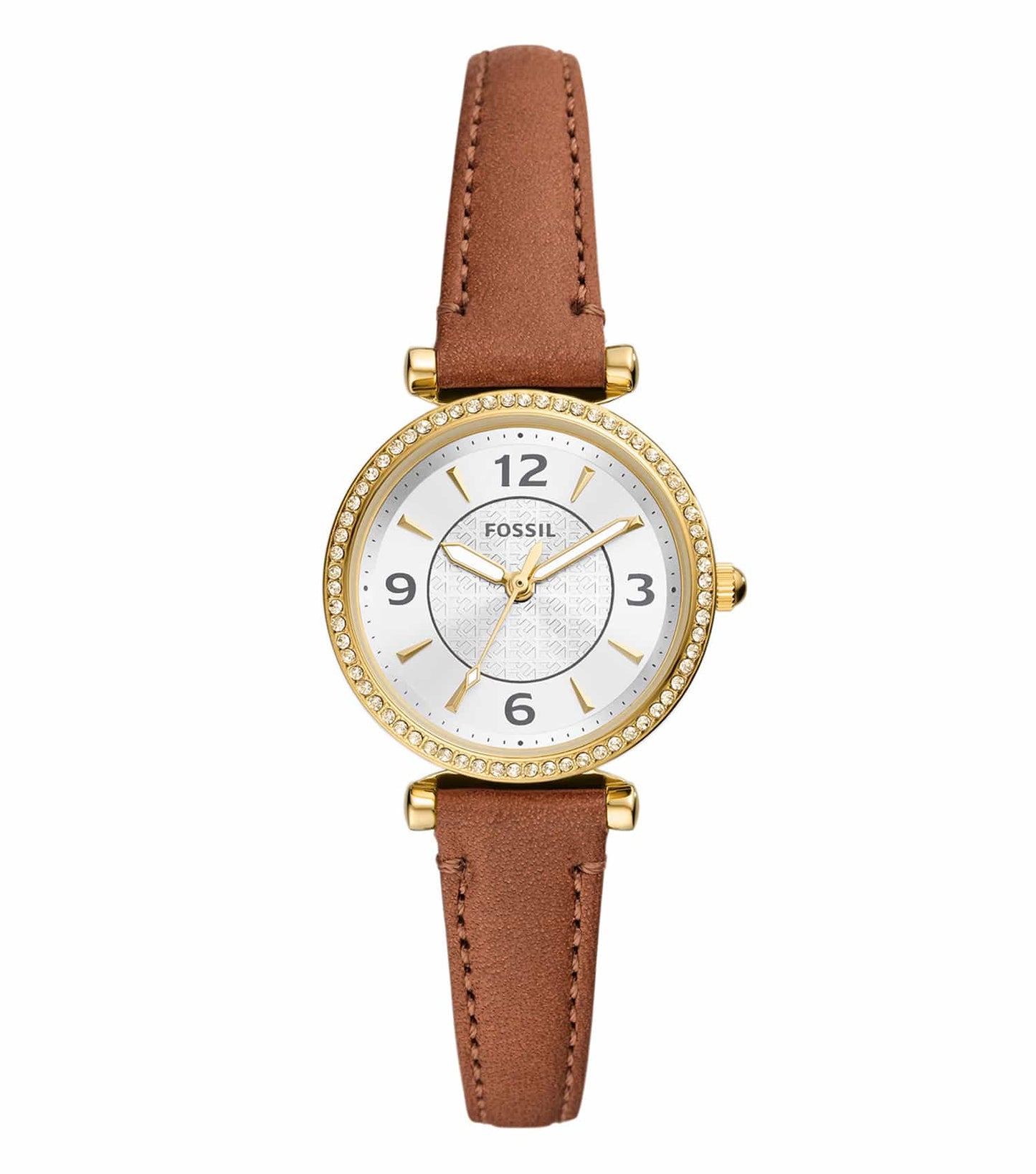 Fossil quartz watch with rose-gold tone, elegantly displayed at a three-quarter angle, featuring a stylish bracelet and minimalistic face design.