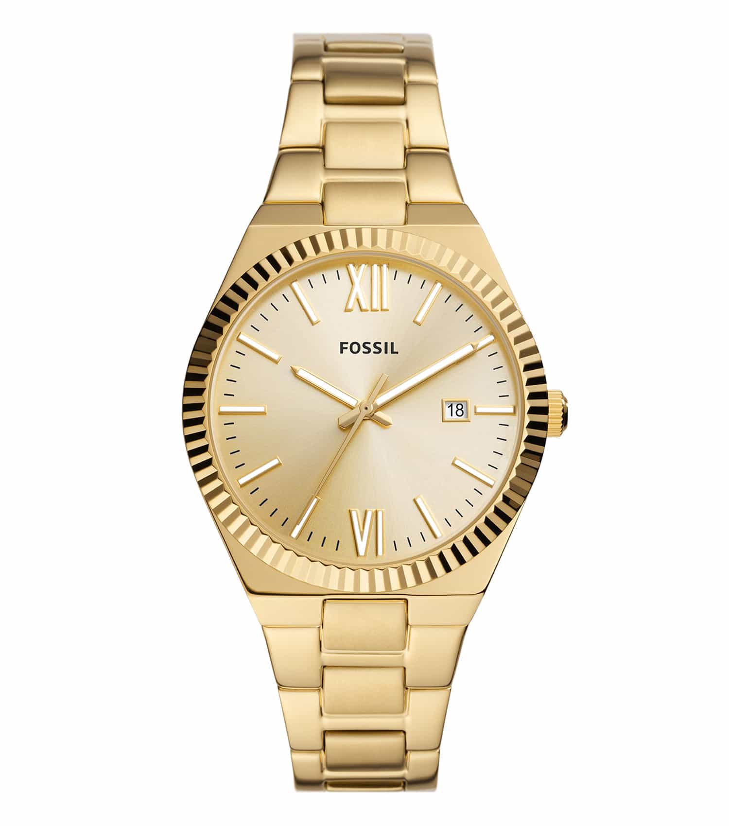 Fossil watch in Scarlette color, close-up top view showcasing the elegant face and classic strap design with metallic accents.