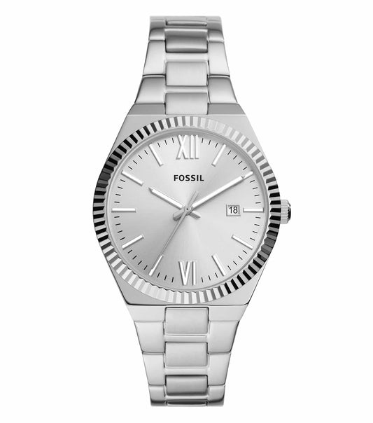 Fossil watch in None color tone, side angle view; showcases sleek design with minimalist face and elegant strap, perfect for enthusiasts.