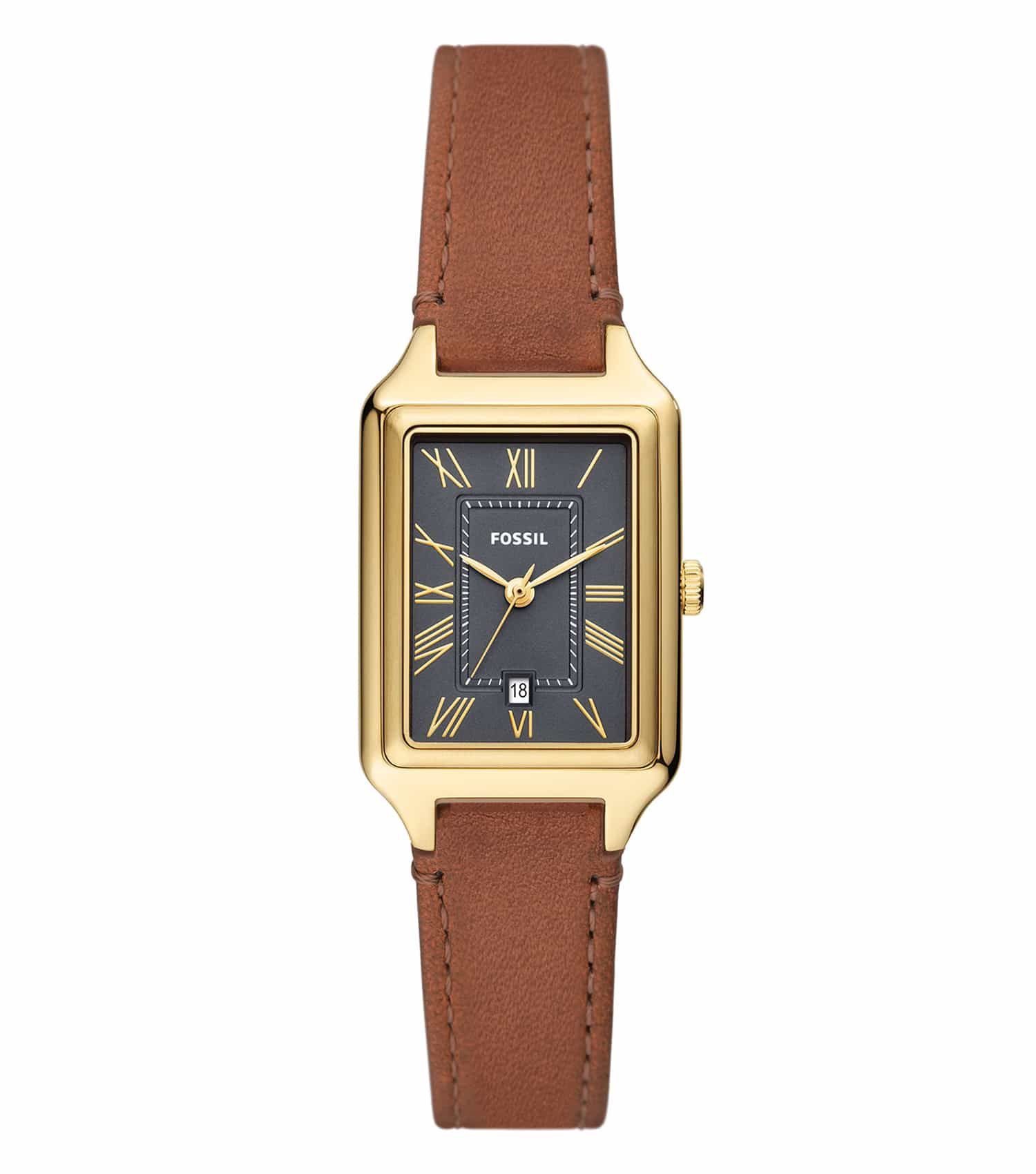 Fossil watch, sleek black dial, rose gold accents, leather strap, front angled view, showcasing elegant design.