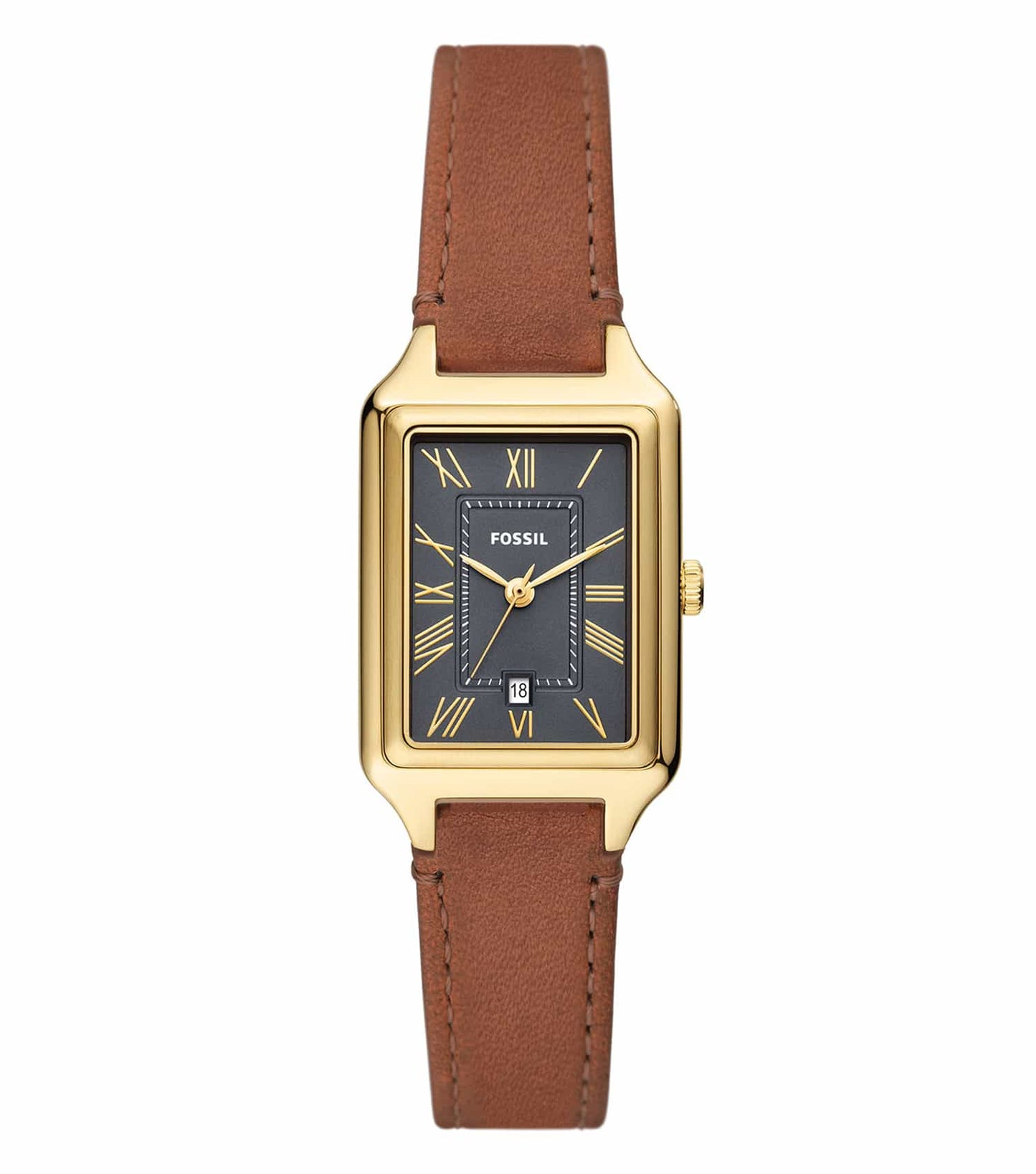 Fossil watch, sleek black dial, rose gold accents, leather strap, front angled view, showcasing elegant design.