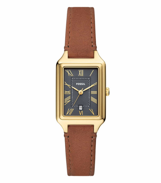 Fossil watch, sleek black dial, rose gold accents, leather strap, front angled view, showcasing elegant design.
