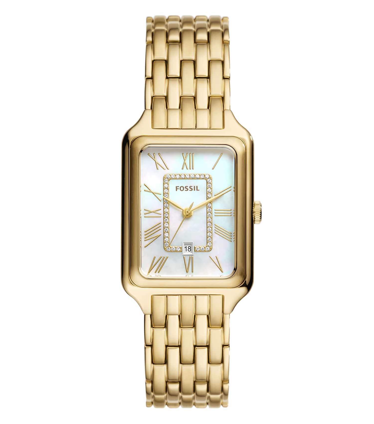  Fossil watch with a sleek minimalist dial in neutral color, angled slightly to showcase the detailed bracelet design.