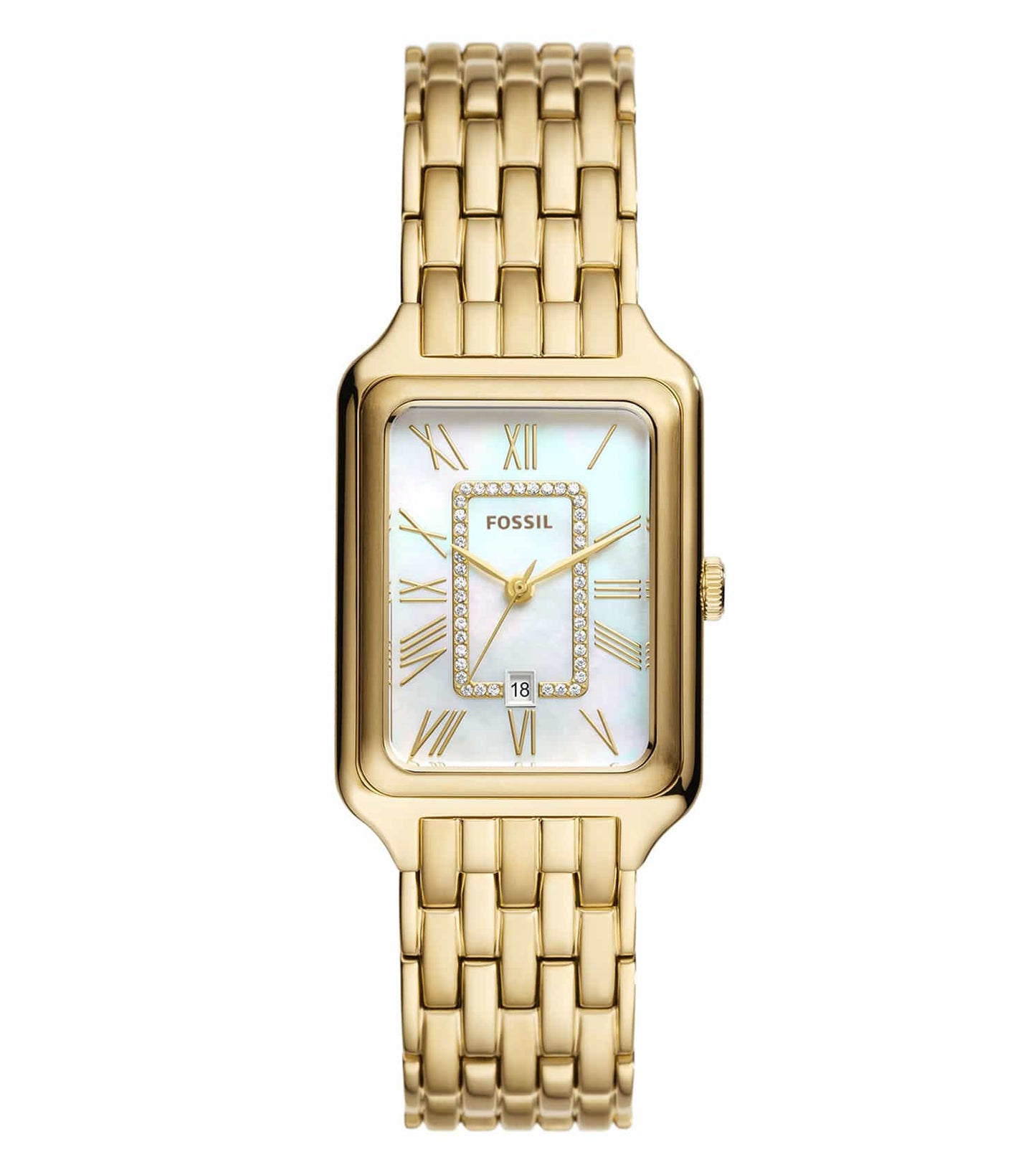  Fossil watch with a sleek minimalist dial in neutral color, angled slightly to showcase the detailed bracelet design.