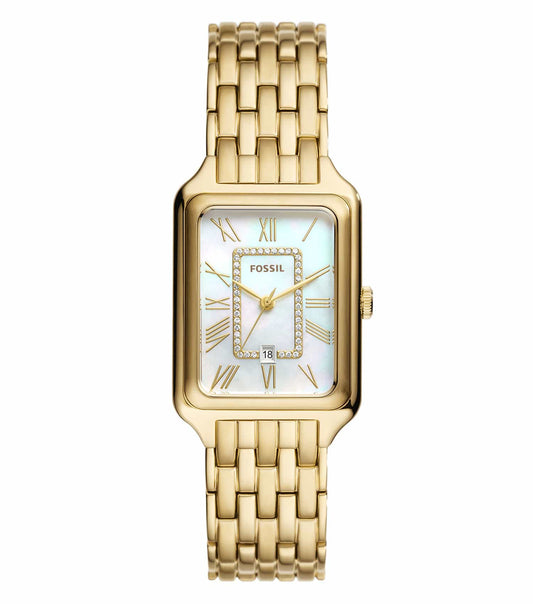  Fossil watch with a sleek minimalist dial in neutral color, angled slightly to showcase the detailed bracelet design.