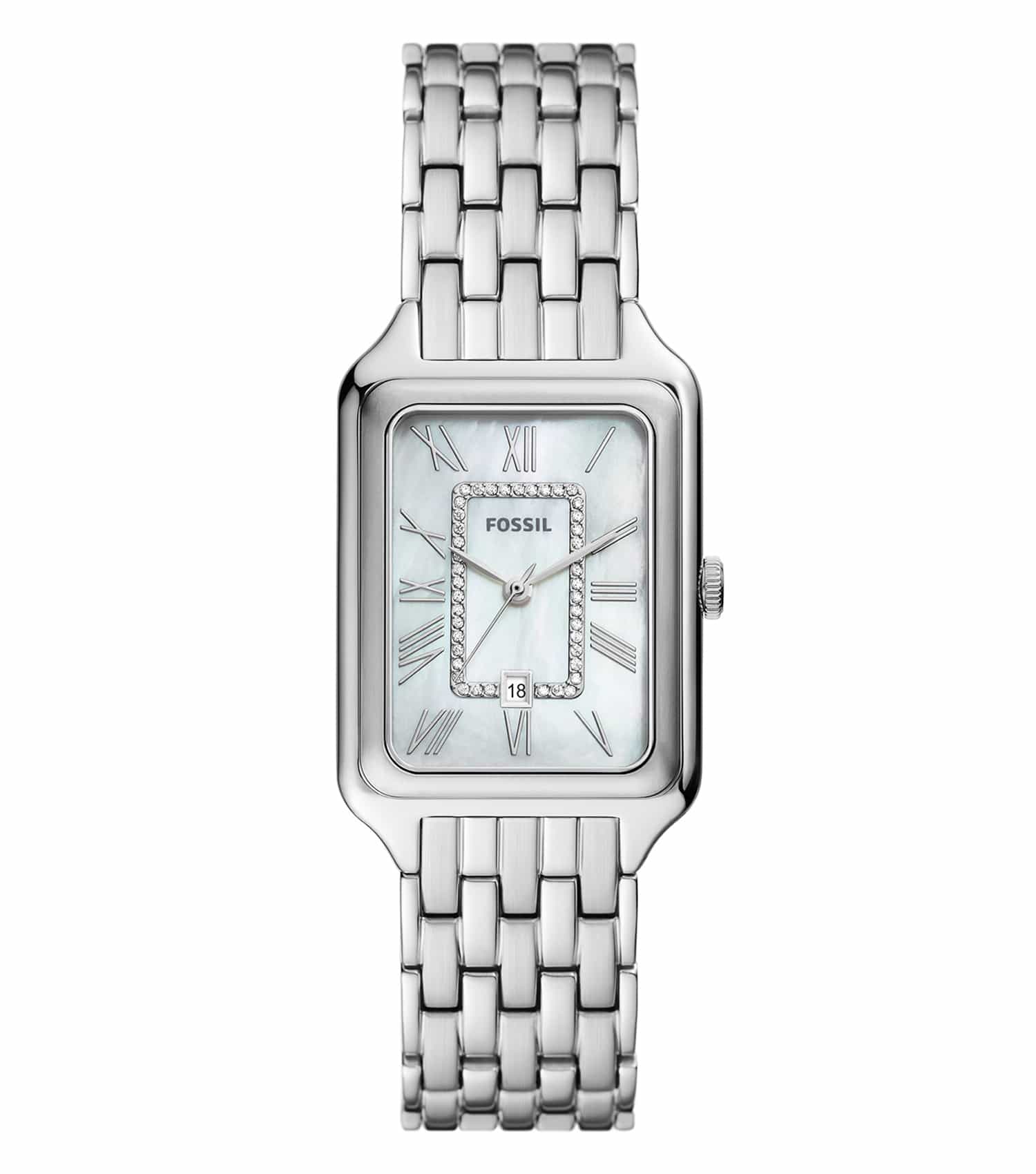 Fossil quartz watch with a round dial, silver hour markers, and beige leather strap, side angle view of elegant design.