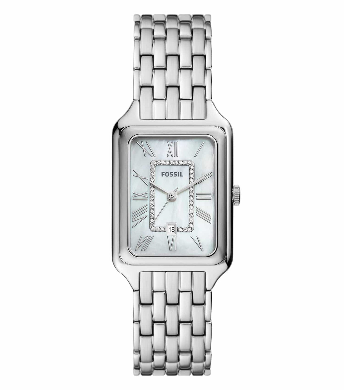 Fossil quartz watch with a round dial, silver hour markers, and beige leather strap, side angle view of elegant design.