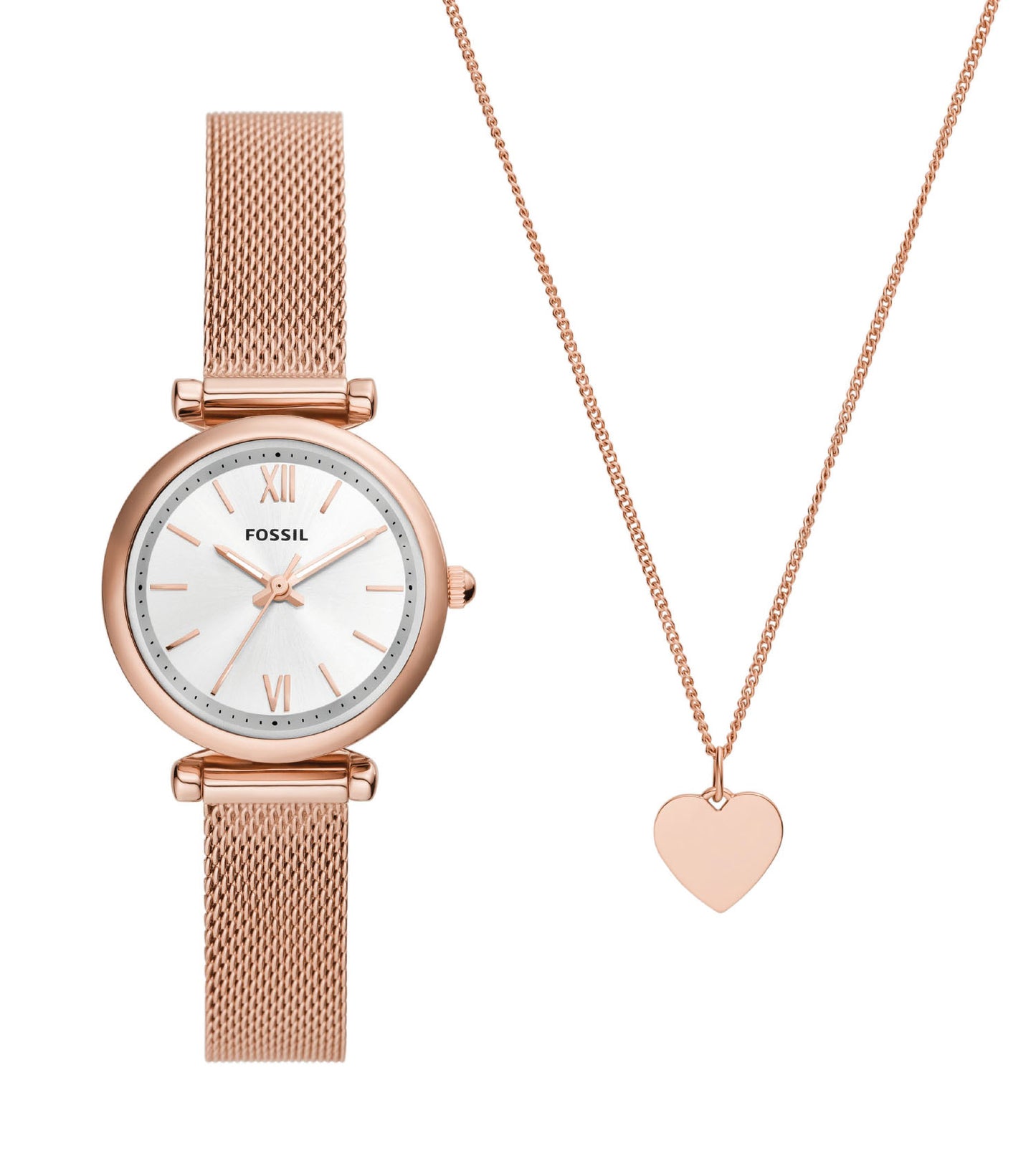 Rose Gold Fossil Women's Watch, front view showcasing a stunning sleek bracelet and round case, perfect for stylish elegance.