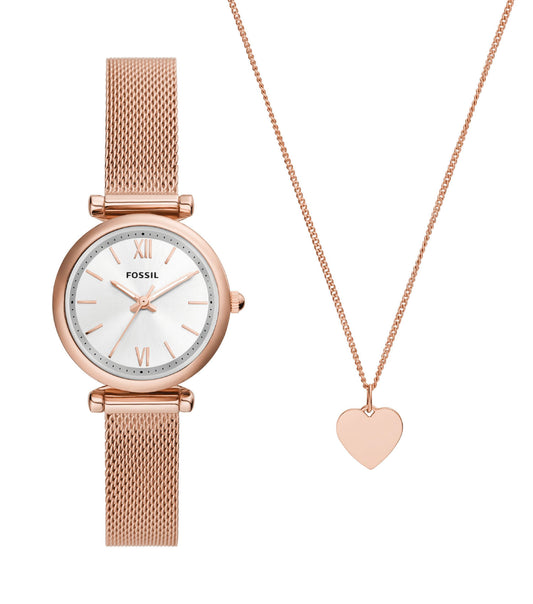 Rose Gold Fossil Women's Watch, front view showcasing a stunning sleek bracelet and round case, perfect for stylish elegance.