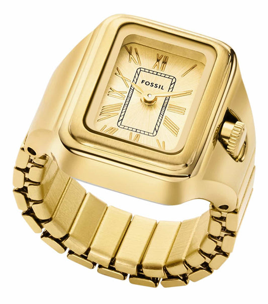 Fossil watch, elegant with gold-tone accents, glistening under direct sunlight, with a top view showcasing its sleek design.