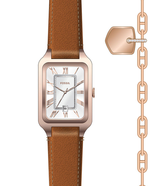 Fossil watch featuring a sleek quartz tone, displayed at an elegant angle; perfect blend of fashion and functionality