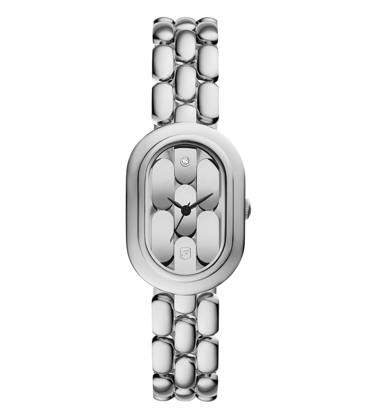 Fossil quartz watch with a golden tone and sleek design at a front-facing angle, highlighted on a soft beige backdrop.