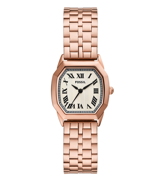Fossil Quartz Watch in a side profile, showcasing its elegant rose gold tone, sleek design, and classic round face for chic style lovers.