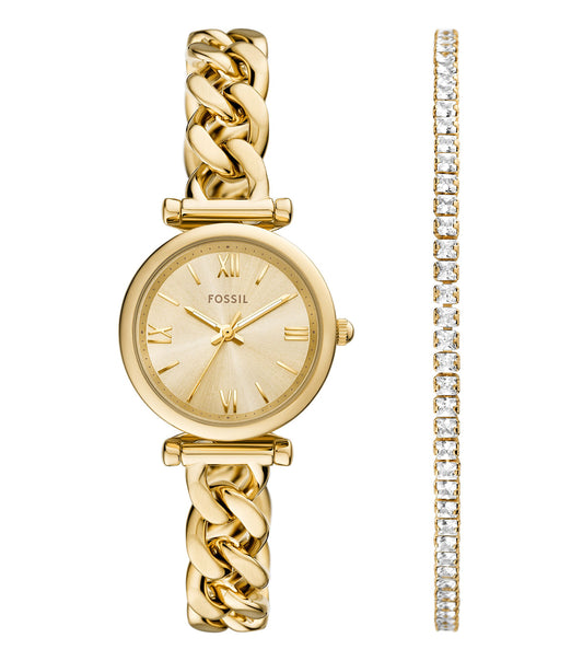 Elegant Fossil quartz watch in rose gold color, featuring a detailed front-facing view with a chic, minimalist dial and polished bracelet design.