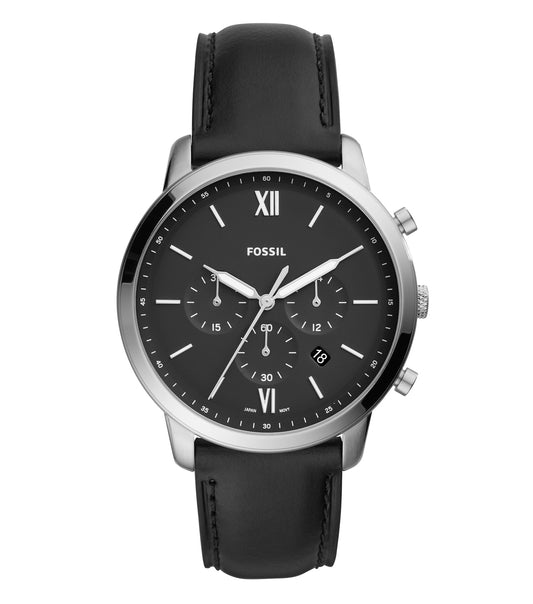 Fossil Neutra men's watch in classic brown leather strap, silver stainless steel case shown at a 3/4 angle with analog display