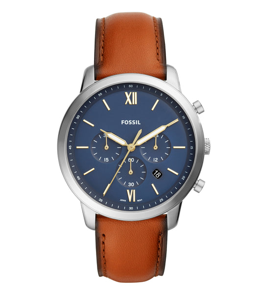Fossil Neutra watch in silver and blue colors, front view, showcasing a sleek design with a round dial and stainless steel strap.