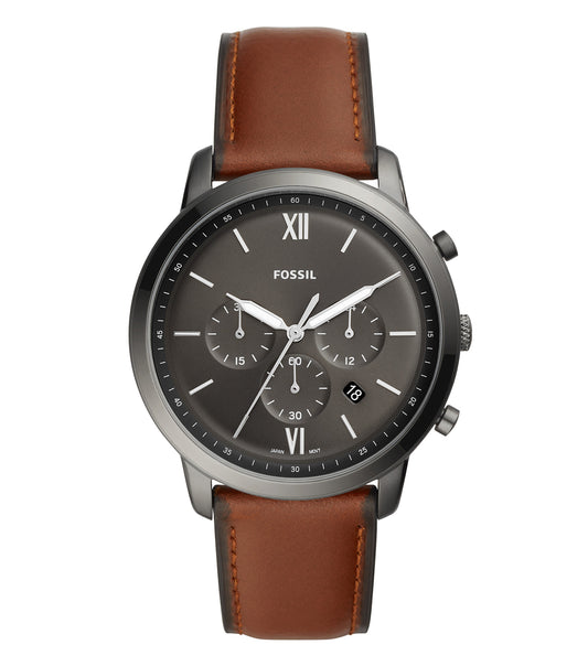 Fossil men's watch with brown leather strap, black dial, and silver-tone case, angled front view highlighting minimalist design.