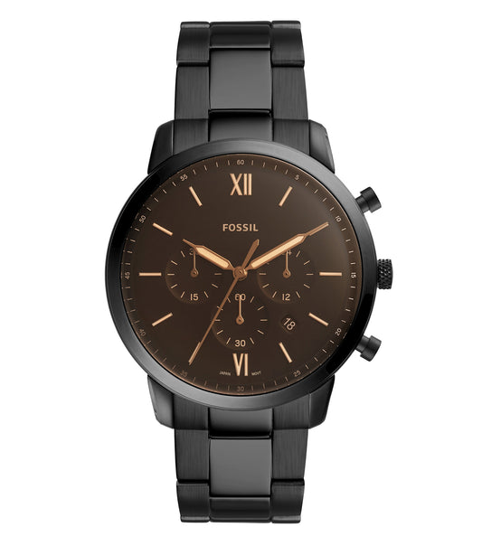 Fossil Neutra Watch FS5525 in warm brown tone, featuring a round face and side angle view of the leather strap and minimalistic dial.