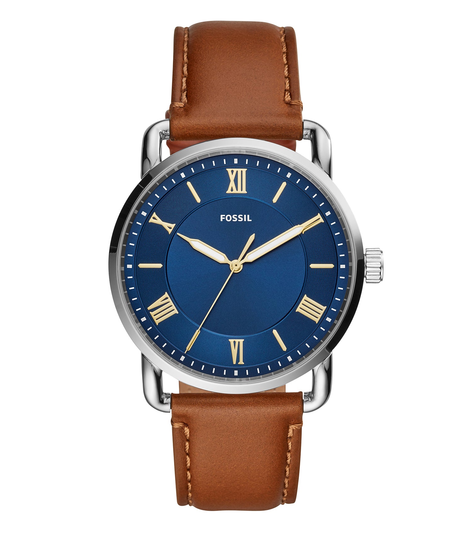 Fossil watch, black and silver-tone with round dial, showcased from a diagonal angle, exuding timeless elegance and modern style.
