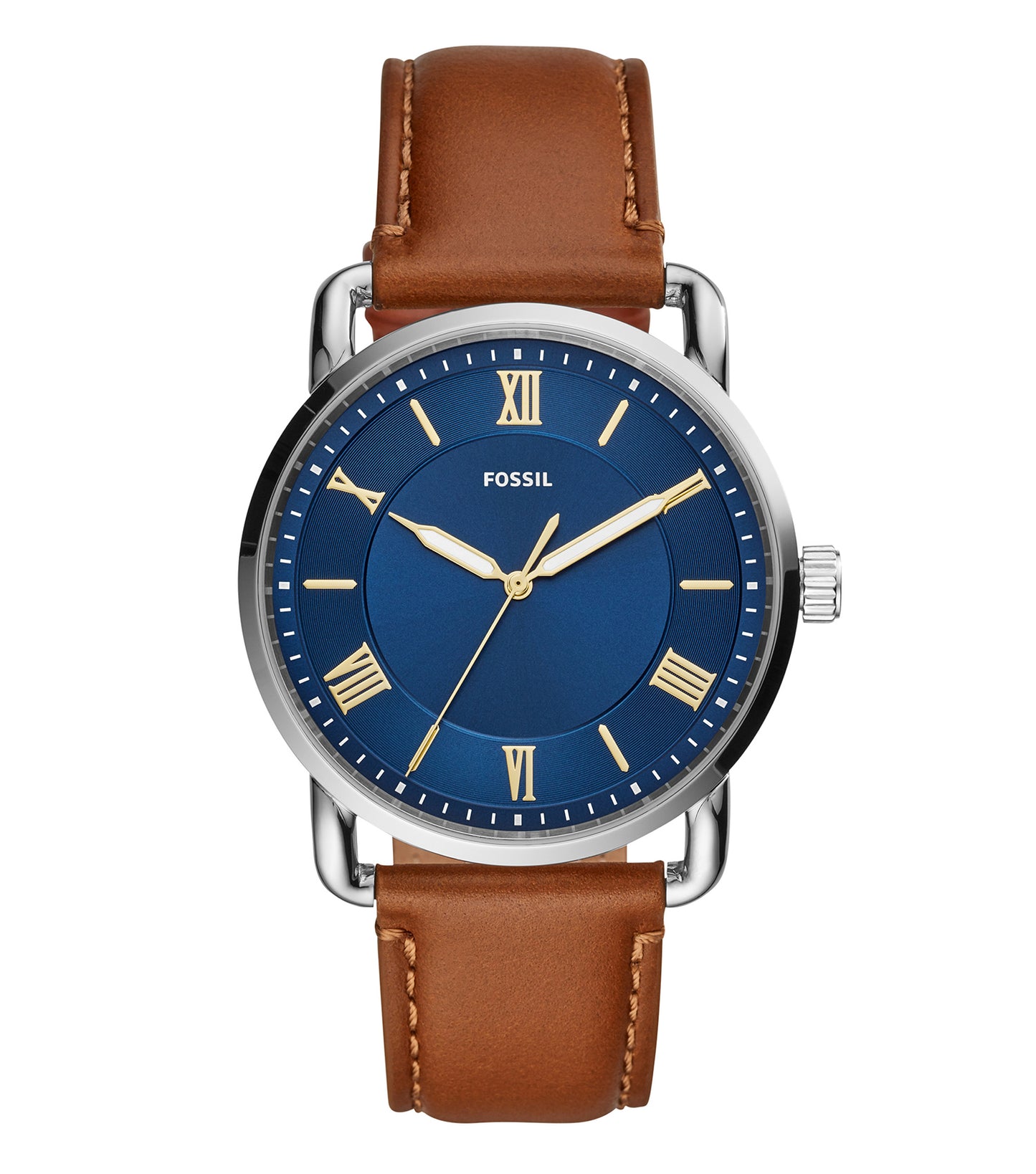 Fossil watch, black and silver-tone with round dial, showcased from a diagonal angle, exuding timeless elegance and modern style.
