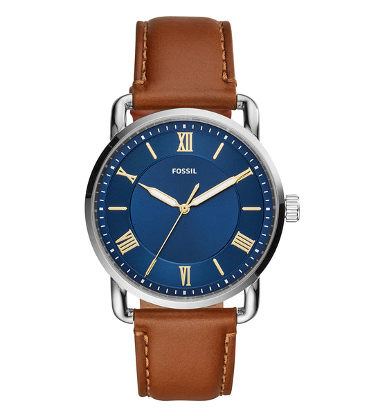 Fossil watch, black and silver-tone with round dial, showcased from a diagonal angle, exuding timeless elegance and modern style.