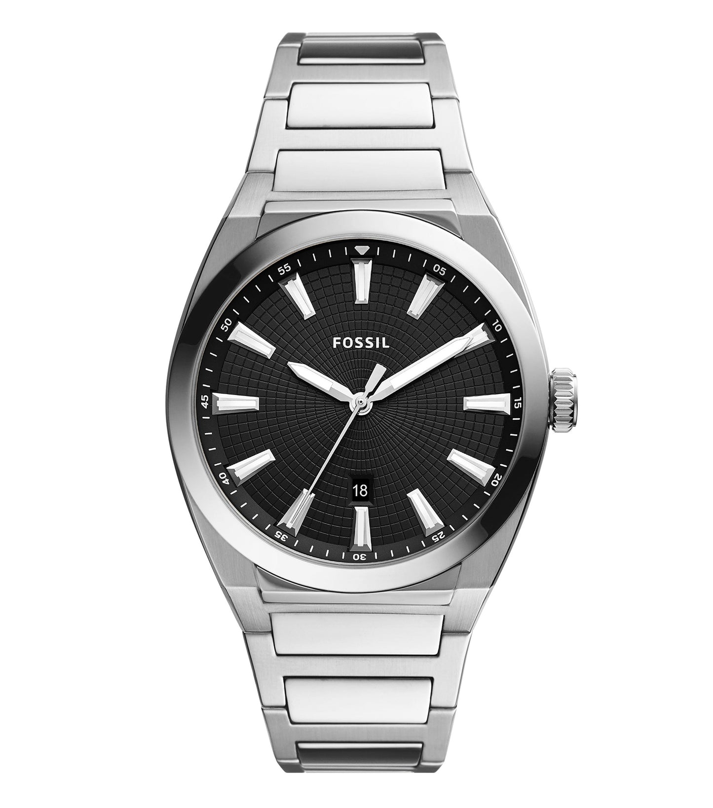 Fossil Everett watch with a passionate design, showcasing a silver case, blue dial, and brown leather strap, angled slightly right.
