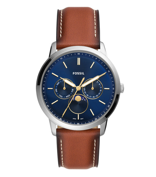 Fossil quartz watch with a sleek, modern design in a subtle silver tone, featured at a 45-degree angle on a plain background.