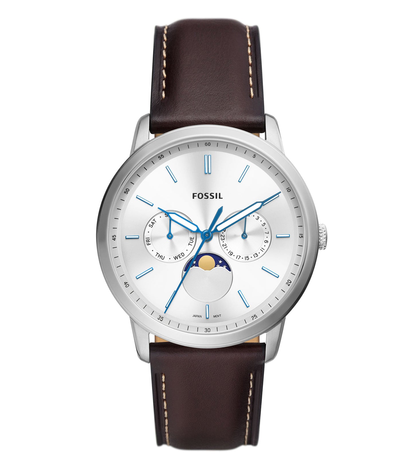 Side angled view of Fossil Neutra watch featuring a sleek black dial, brown leather strap, and minimalist design.