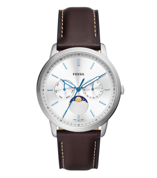 Side angled view of Fossil Neutra watch featuring a sleek black dial, brown leather strap, and minimalist design.
