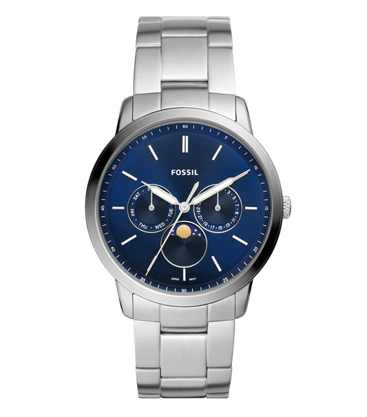 Stylish Fossil Neutra Quartz watch with cream leather strap and silver dial, showcased at a dynamic 42-degree angle.