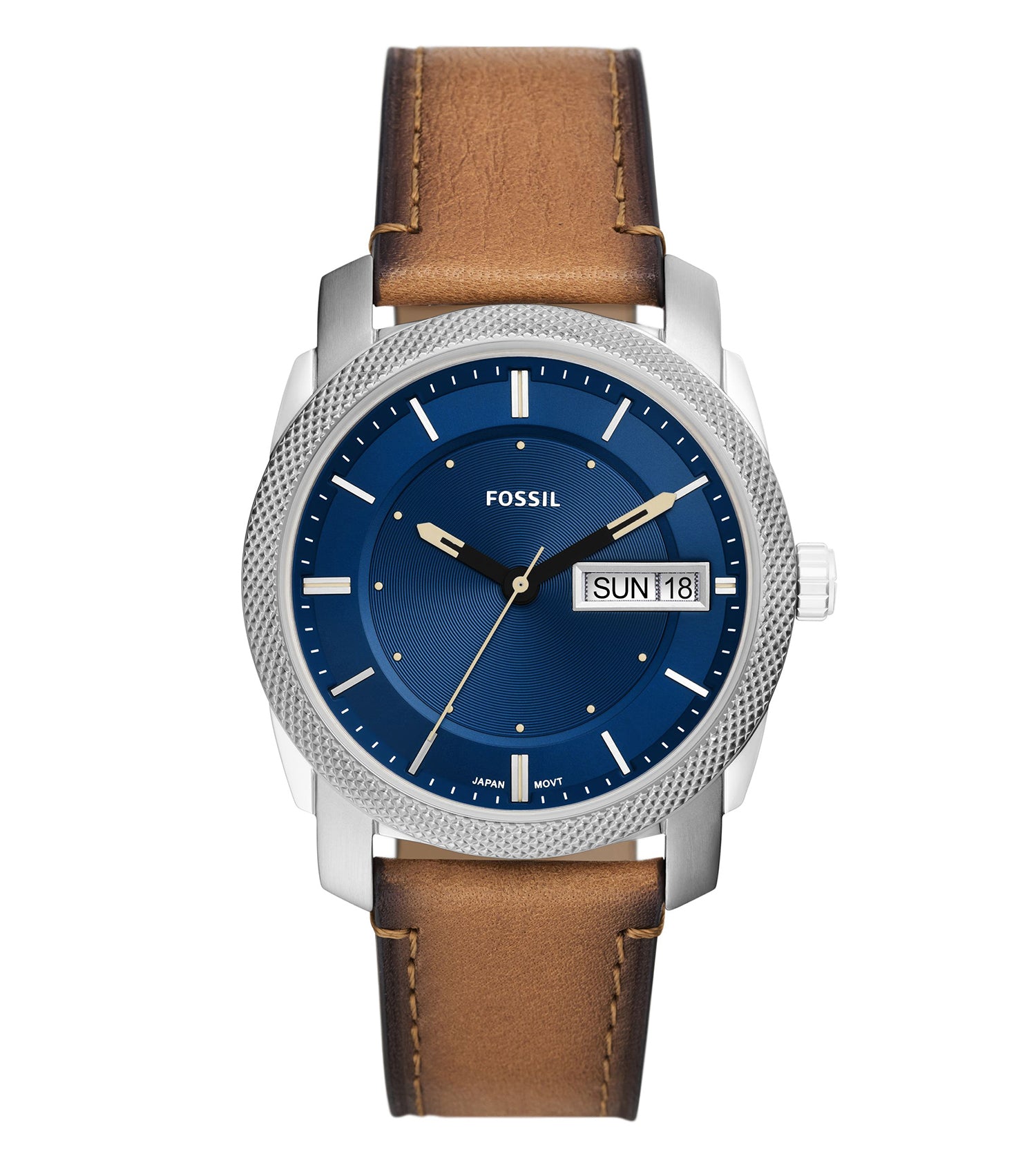 Fossil Machine Quartz watch in black with modern design, displayed at a 45-degree angle, featuring a sleek black textured dial and bold black strap
