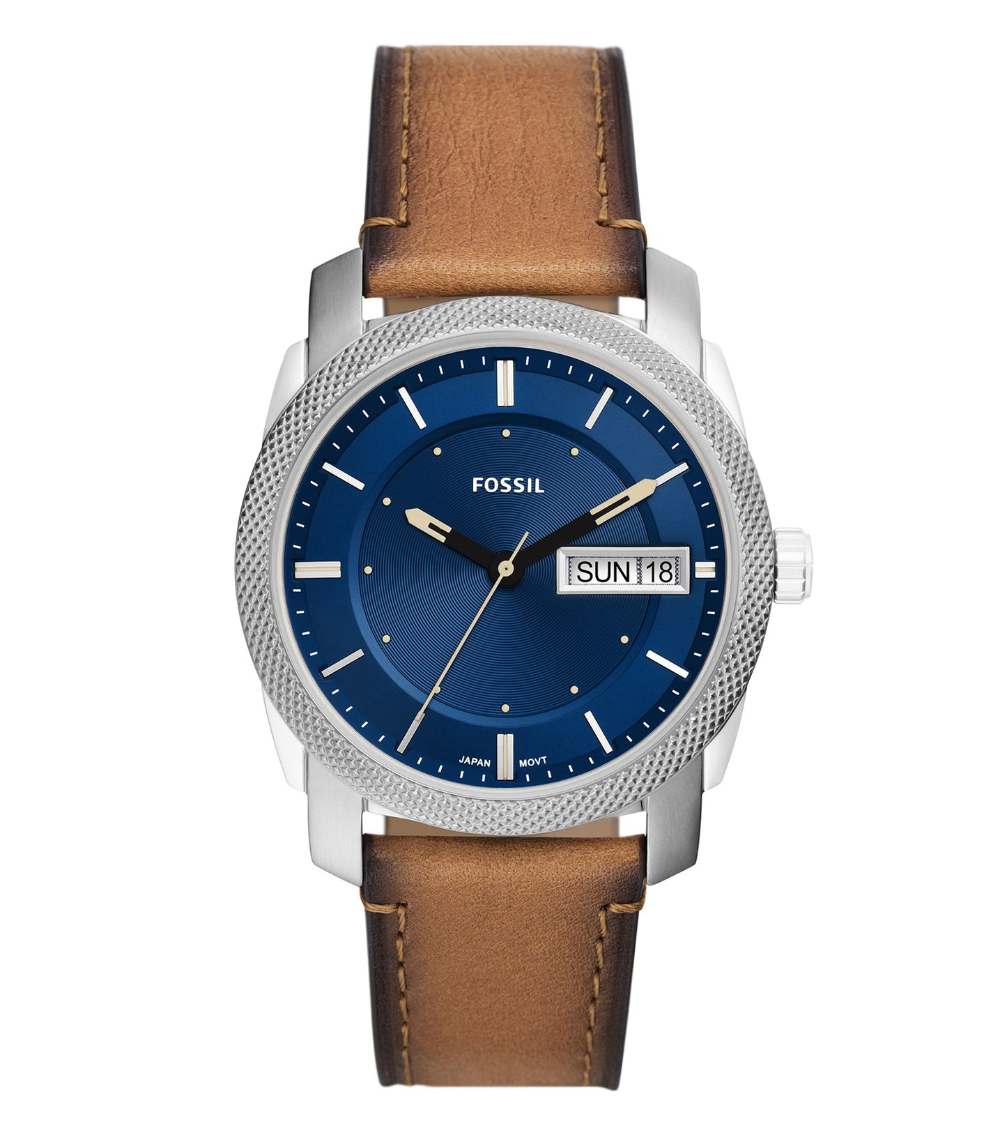 Fossil Machine Quartz watch in black with modern design, displayed at a 45-degree angle, featuring a sleek black textured dial and bold black strap