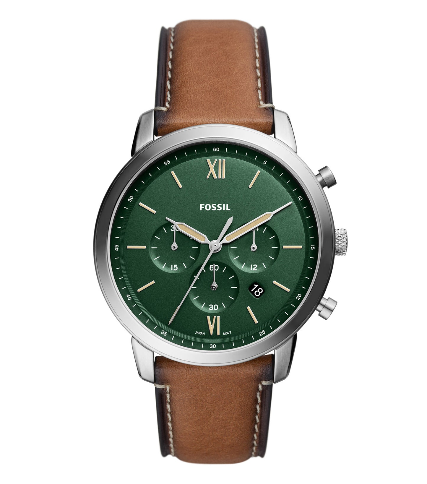 Fossil watch with a sleek, monochromatic design, showcasing the elegant face and brown leather strap from a top angle view.