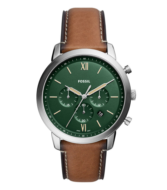 Fossil watch with a sleek, monochromatic design, showcasing the elegant face and brown leather strap from a top angle view.