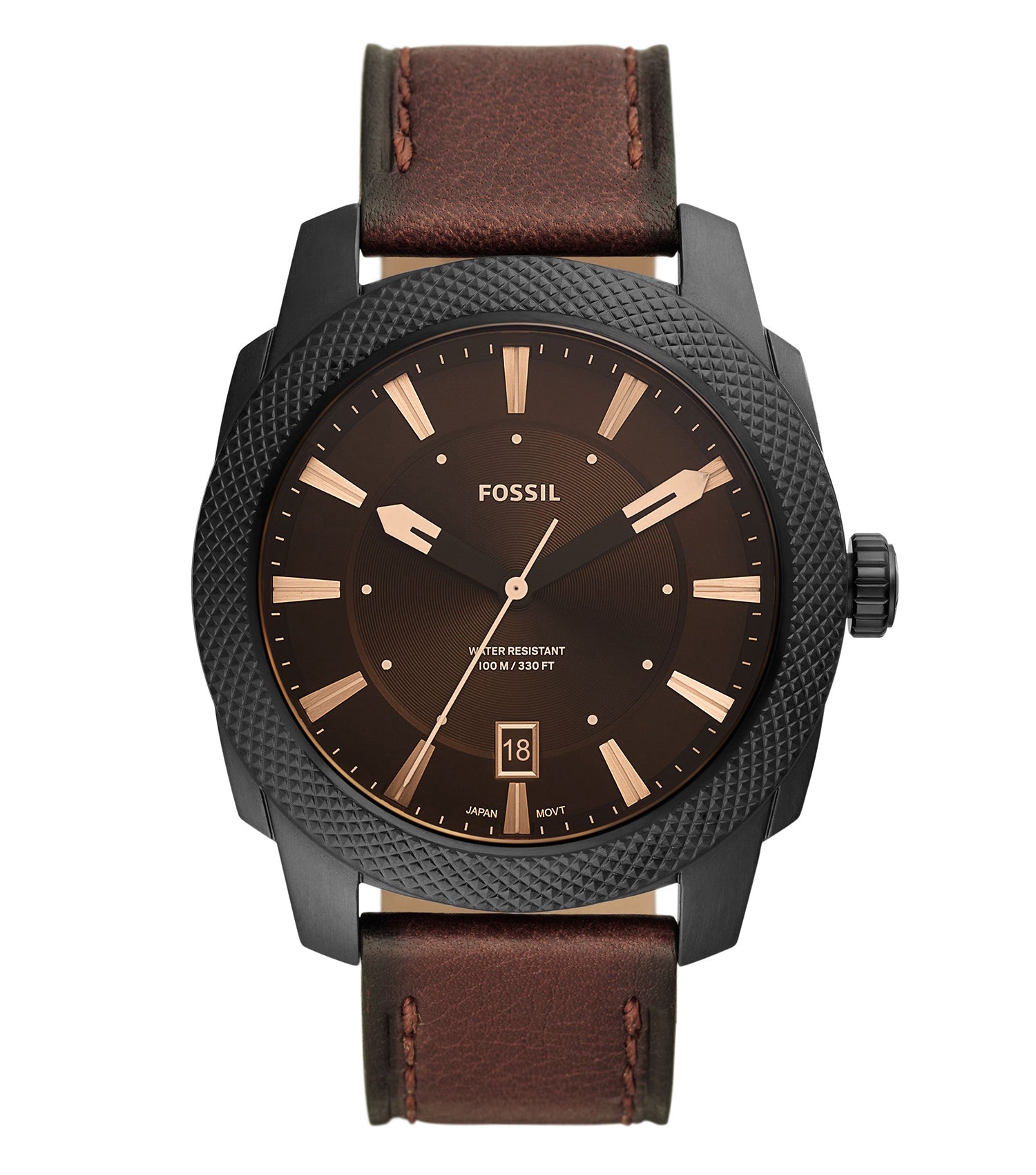 Fossil watch with brown leather strap, sleek black dial, silver casing at a front-top angle, a stylish blend of classic and modern elegance.