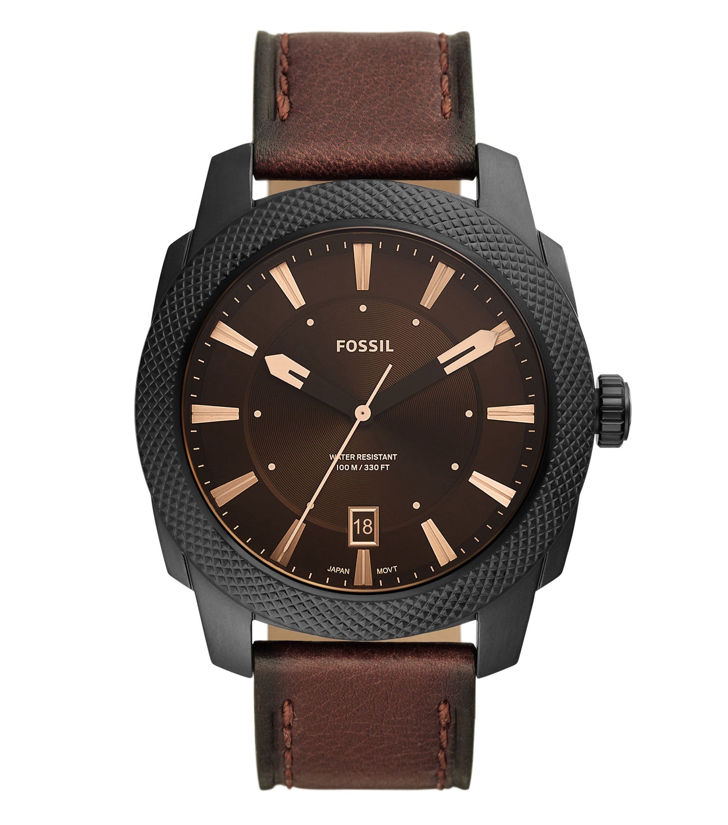 Fossil watch with brown leather strap, sleek black dial, silver casing at a front-top angle, a stylish blend of classic and modern elegance.
