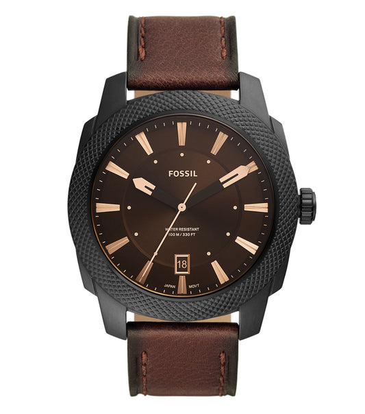 Fossil watch with brown leather strap, sleek black dial, silver casing at a front-top angle, a stylish blend of classic and modern elegance.