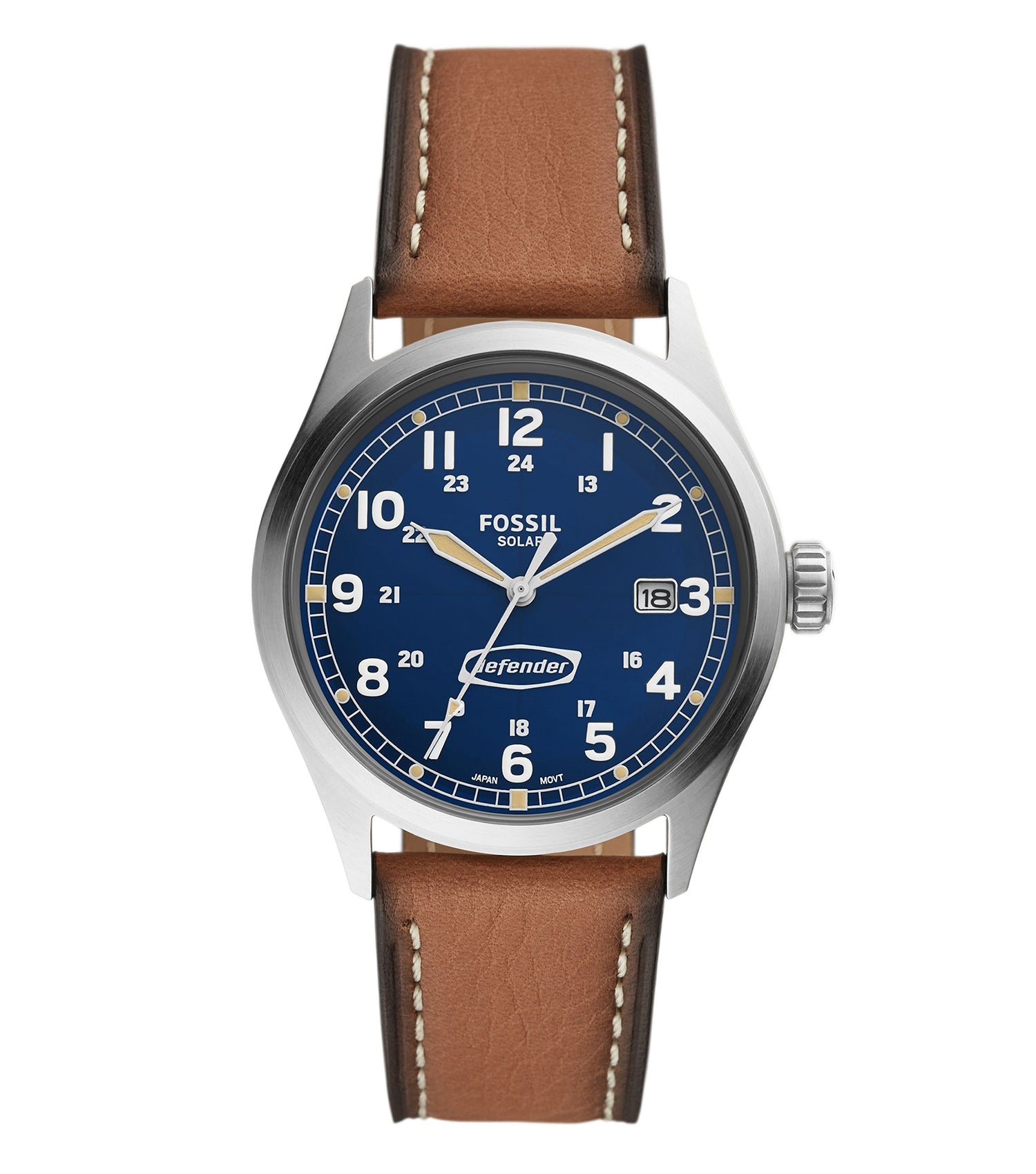 Fossil solar watch in dark brown leather, silver case, blue dial; elegant side angle showcases classic design and detailed craftsmanship.
