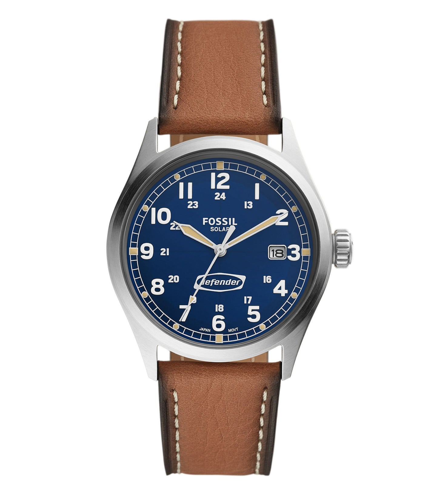 Fossil solar watch in dark brown leather, silver case, blue dial; elegant side angle showcases classic design and detailed craftsmanship.