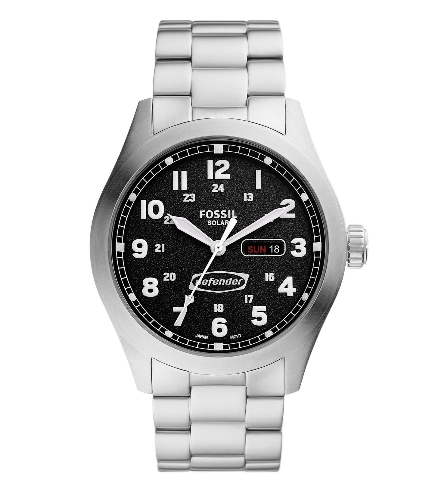 Fossil solar watch with golden hue and sleek silver stainless steel band, captured at an elegant 45-degree angle.
