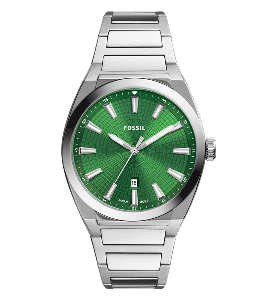 Elegant Fossil watch in a striking single-tone design, angled view showcasing full dial and band detail, highlighted on a chic white surface.