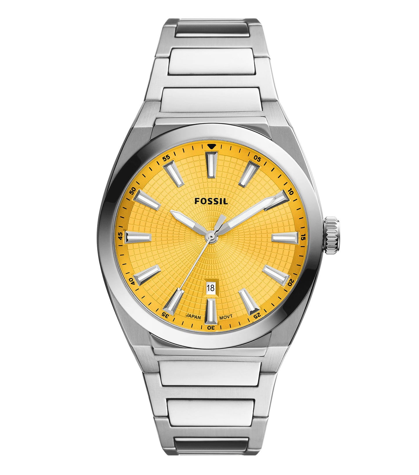 Navy Fossil watch with stainless steel case, seen in a 45-degree angle, featuring chronograph dials and leather strap.