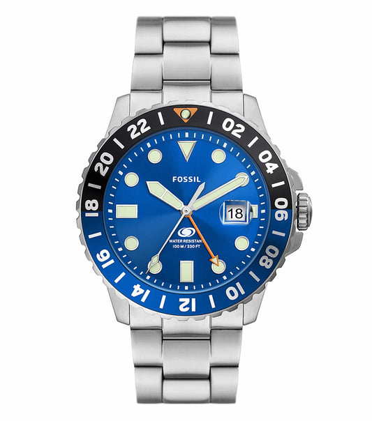Passionate blue Fossil watch with sleek round dial, silver markers; side angle highlights elegant design and craftsmanship.