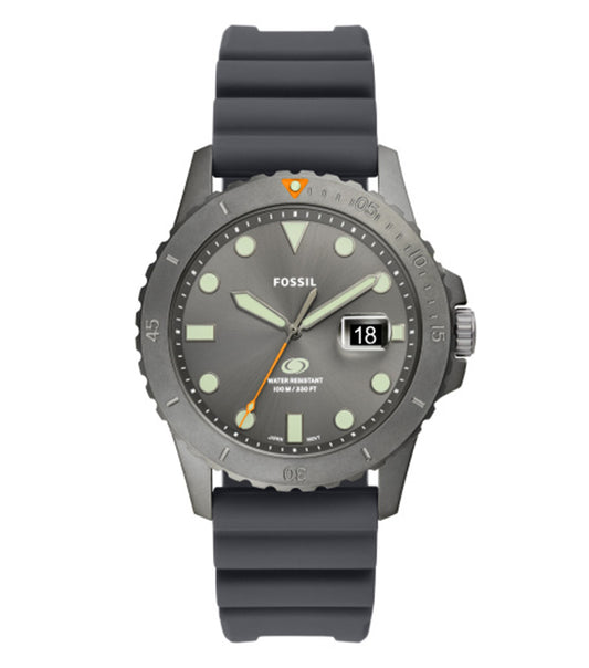  Side view of a Fossil watch featuring a striking blue dial, intricate markers, and a sleek stainless steel band with a classy design.