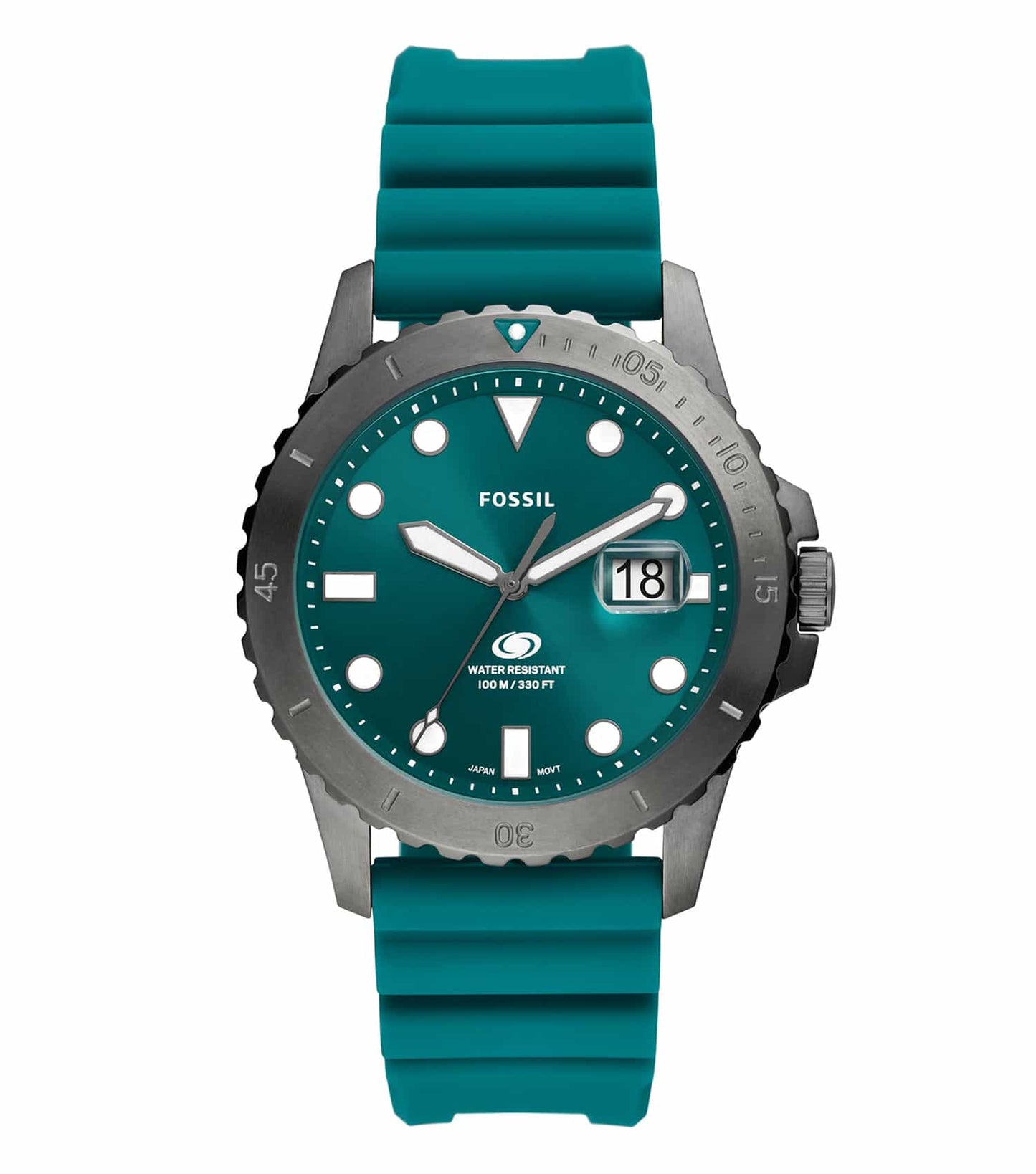  Fossil blue watch with leather strap, modern round dial, side view; elegant timepiece showcasing detailed craftsmanship.