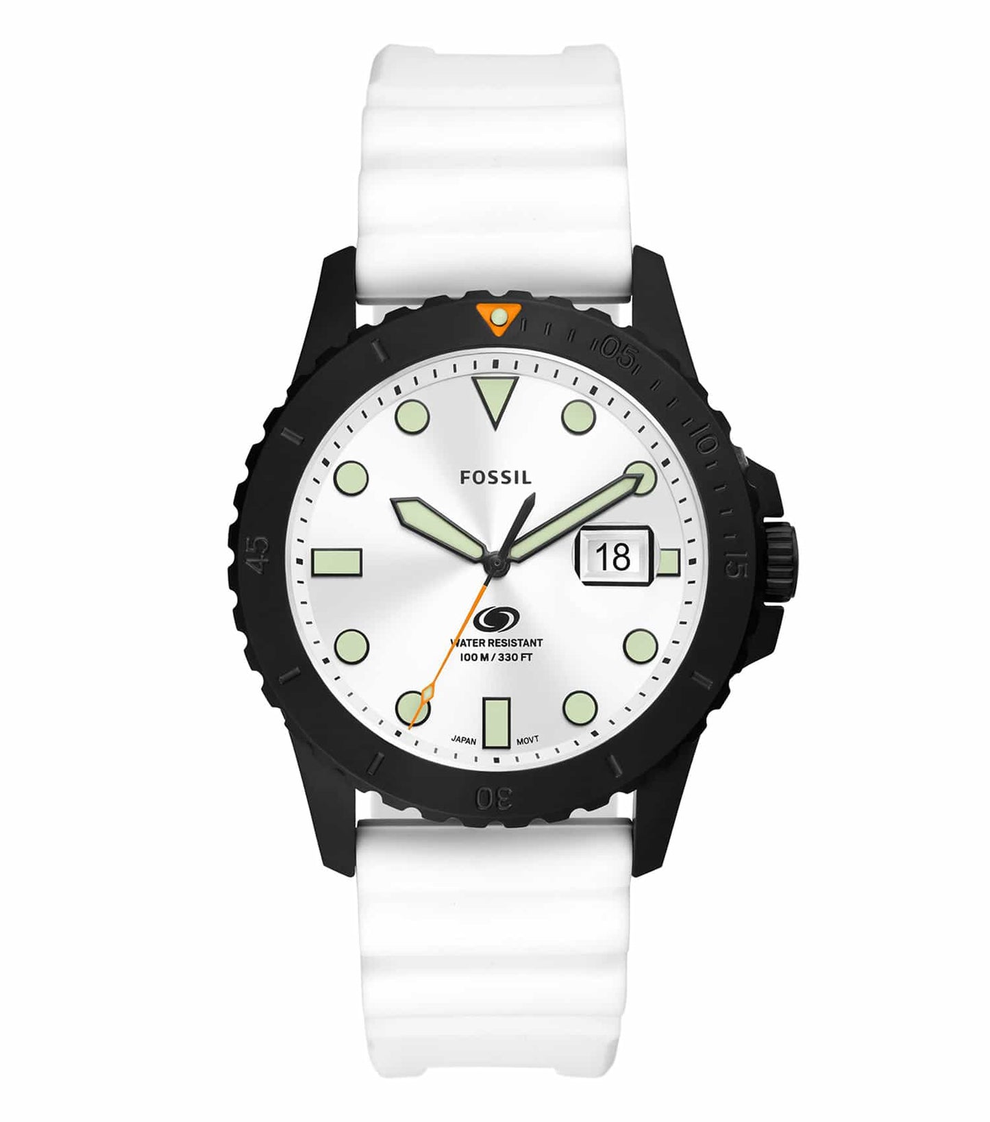 Fossil watch in striking blue, elegantly captured from a front angle, showcases refined design and craftsmanship.