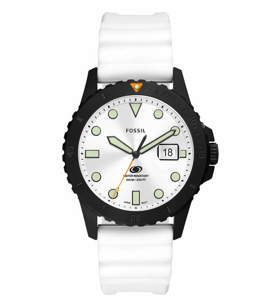 Fossil watch in striking blue, elegantly captured from a front angle, showcases refined design and craftsmanship.