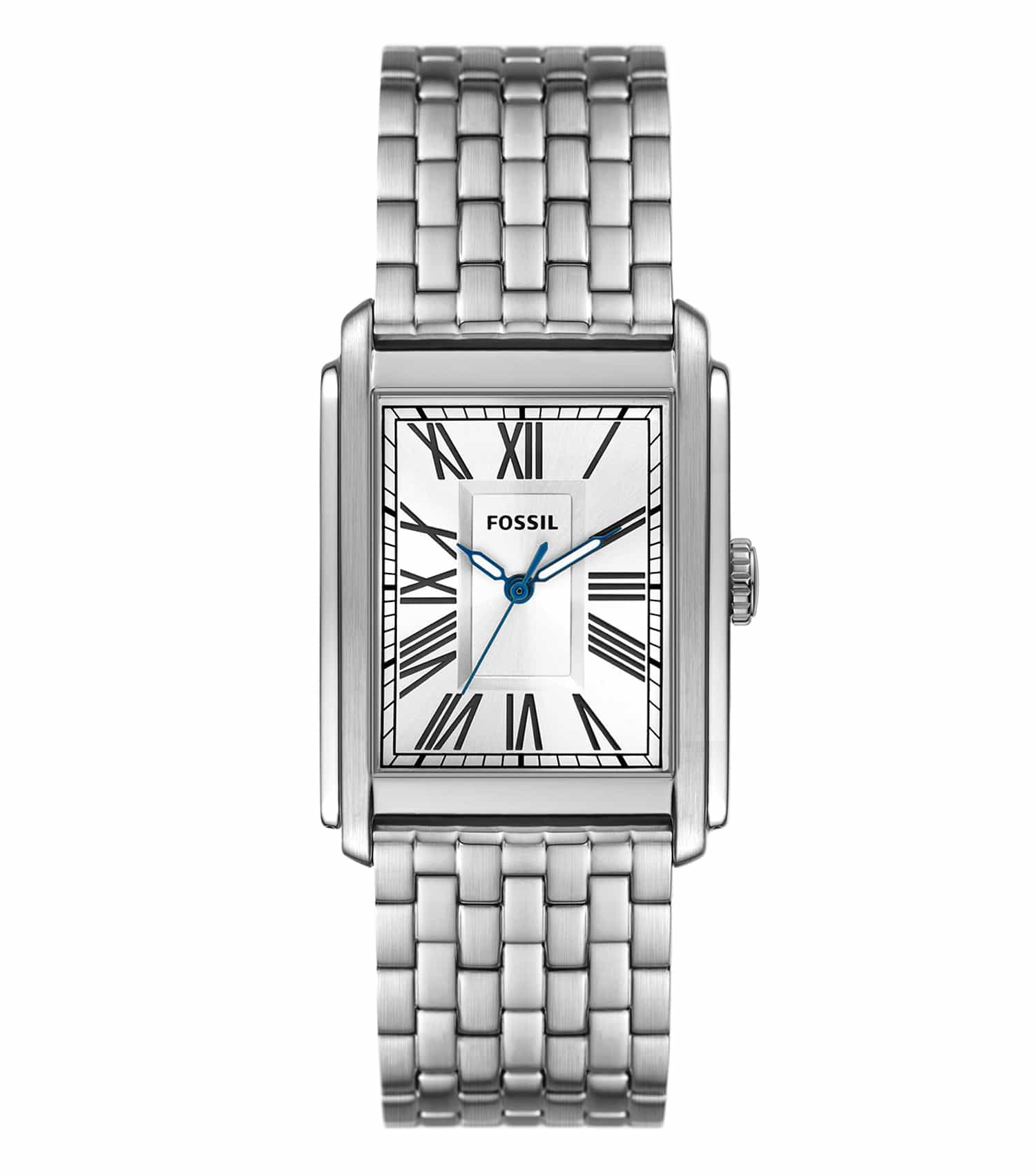 Sleek Fossil silver watch with a stylish round face, captured at a slight angle, showcasing exquisite design and modern elegance.