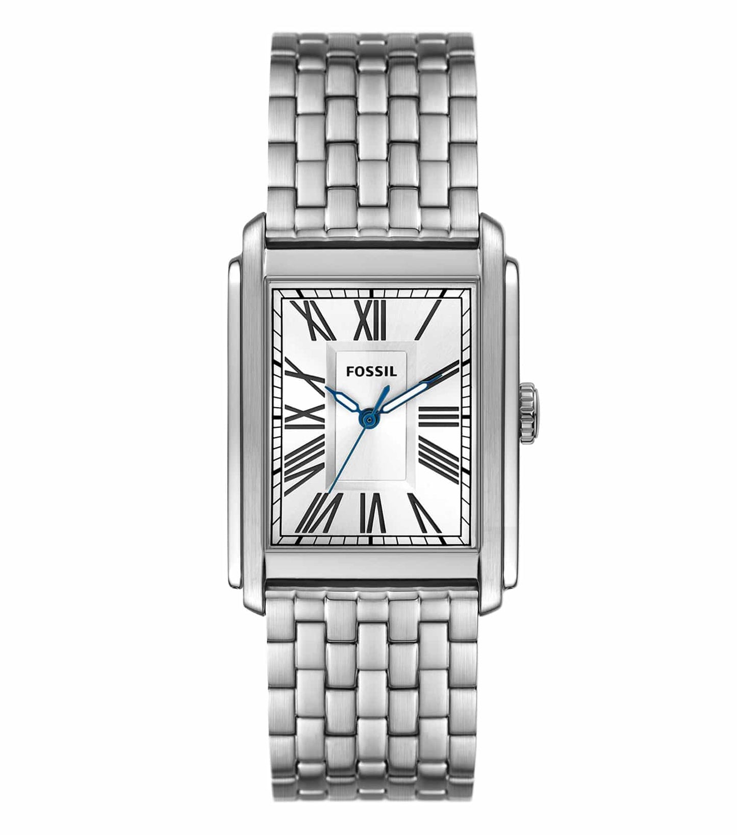 Sleek Fossil silver watch with a stylish round face, captured at a slight angle, showcasing exquisite design and modern elegance.