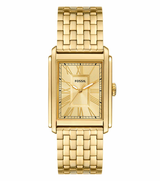 Gold Fossil watch with stainless steel strap, elegantly angled from the top left, showcasing its luxurious design and craftsmanship.